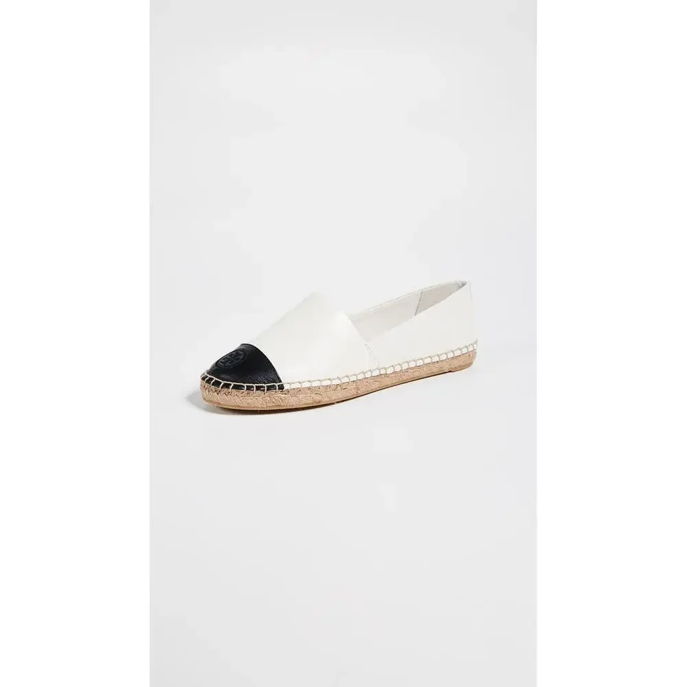 Tory Burch Women's Natural Colorblock Espadrilles black cream 10 stitched logo